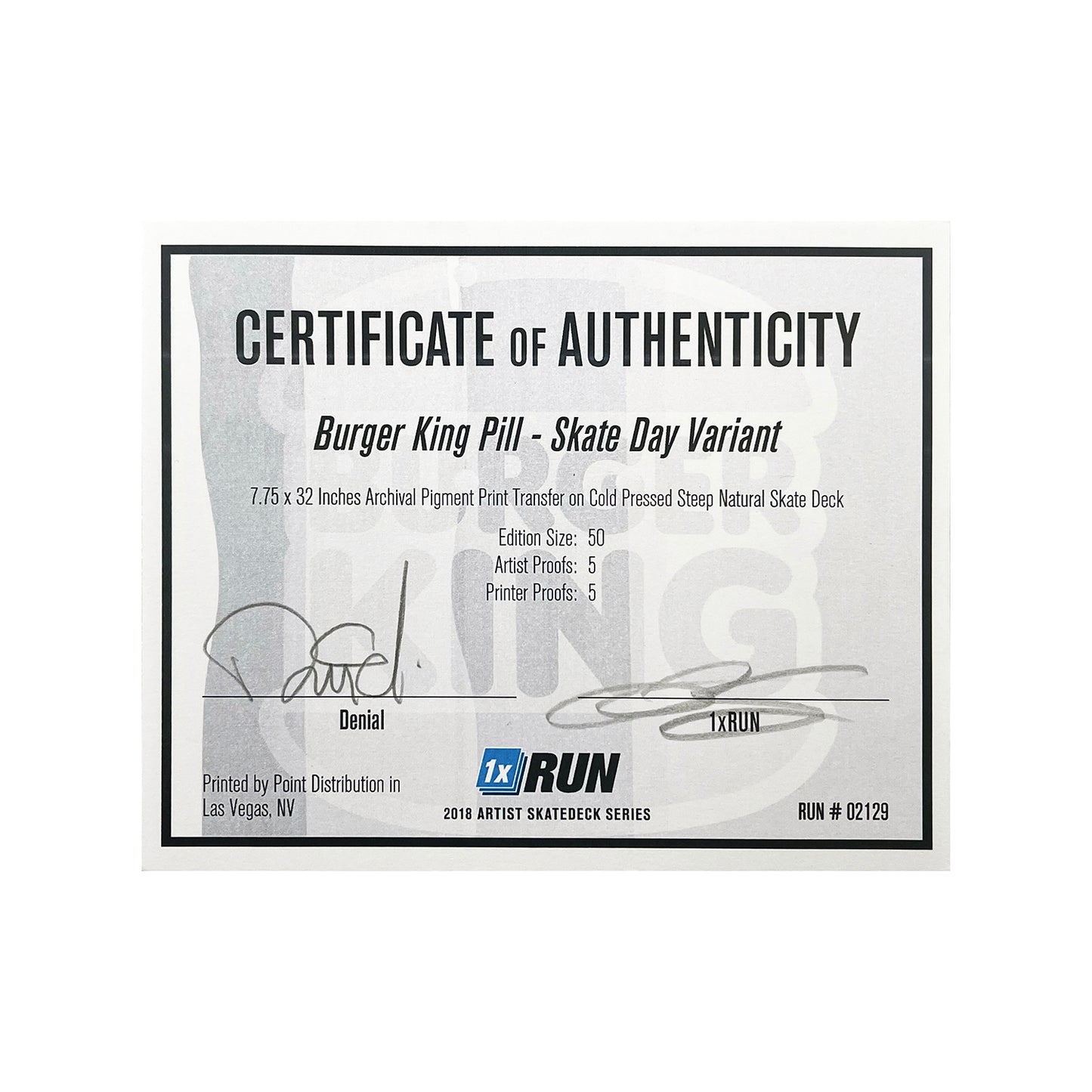 DENIAL x 1xRUN 'Burger King Pill' (2019) Skateboard Deck (AP)