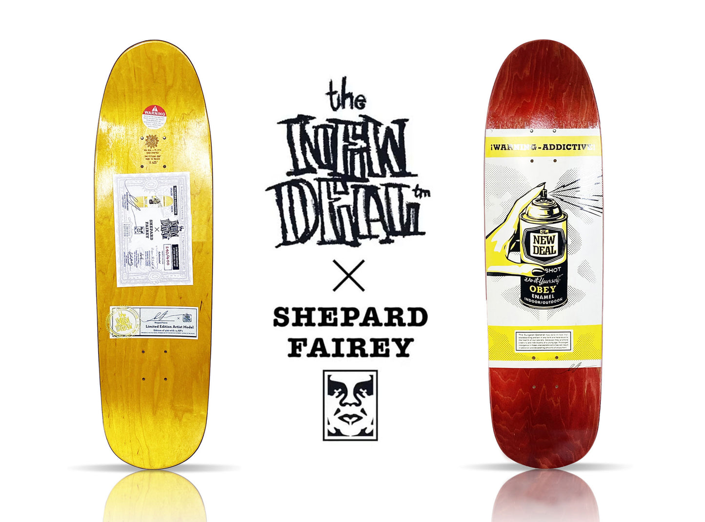 SHEPARD FAIREY x New Deal 'Warning: Addictive' (2020) Skateboard Deck (red)