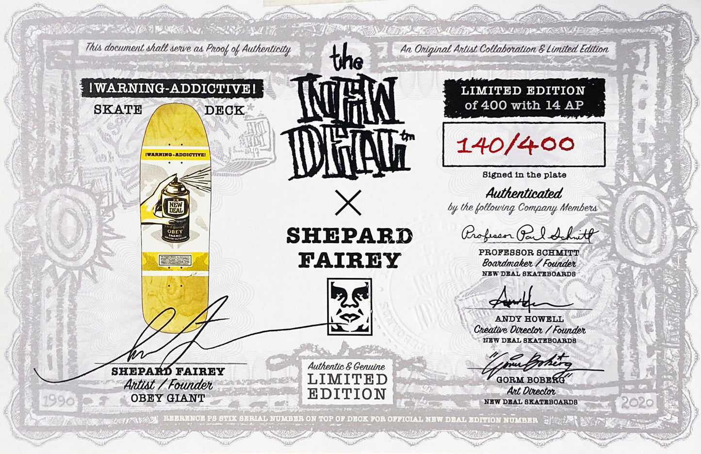 SHEPARD FAIREY x New Deal 'Warning: Addictive' (2020) Skateboard Deck (red)