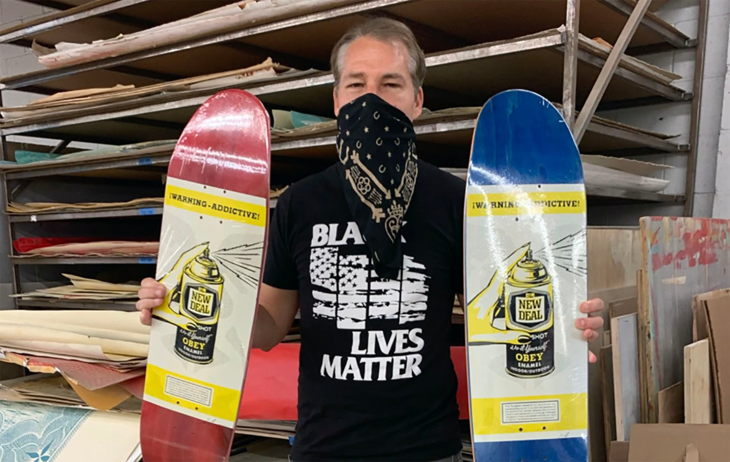 SHEPARD FAIREY x New Deal 'Warning: Addictive' (2020) Skateboard Deck (red)
