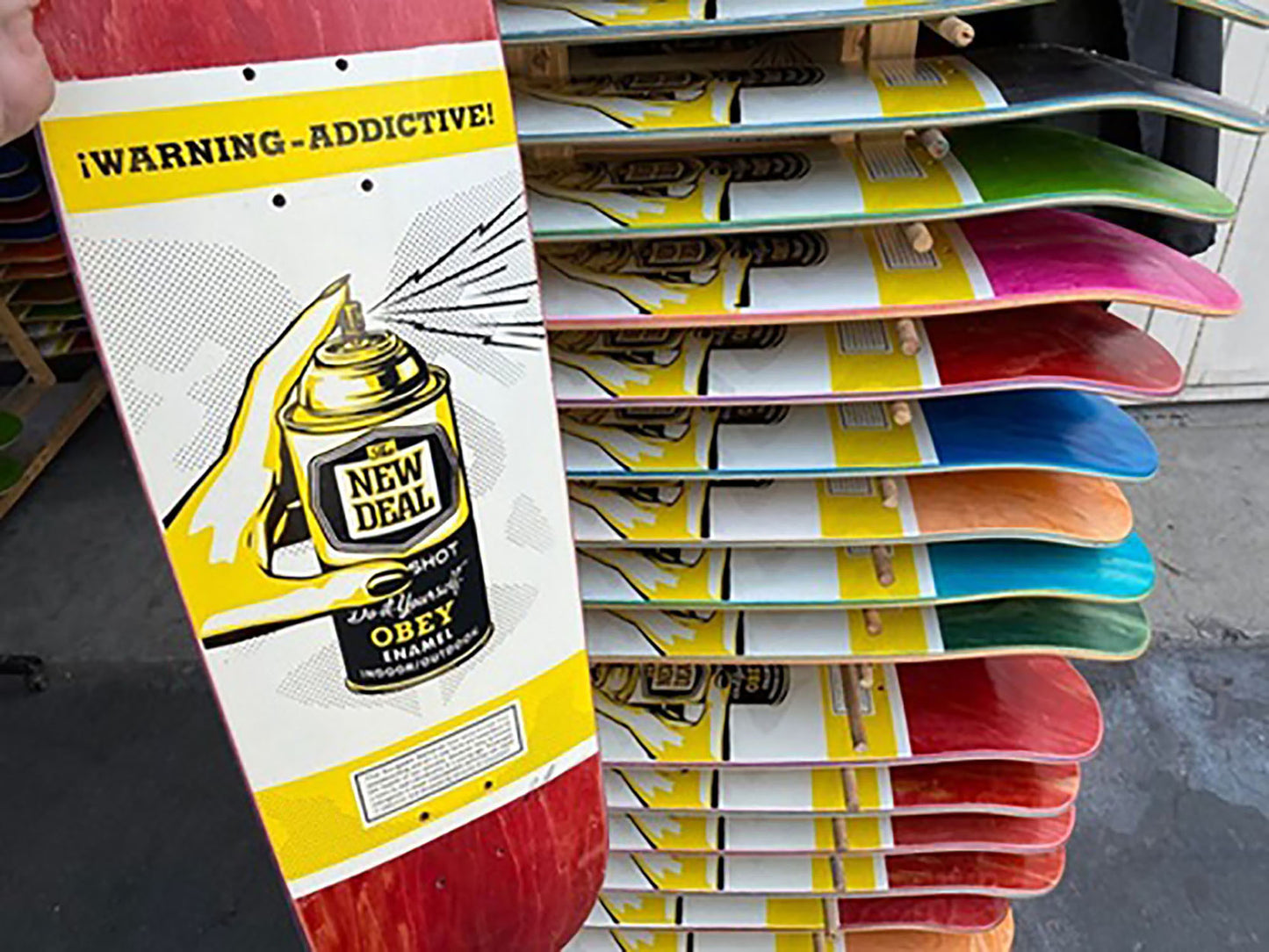 SHEPARD FAIREY x New Deal 'Warning: Addictive' (2020) Skateboard Deck (red)