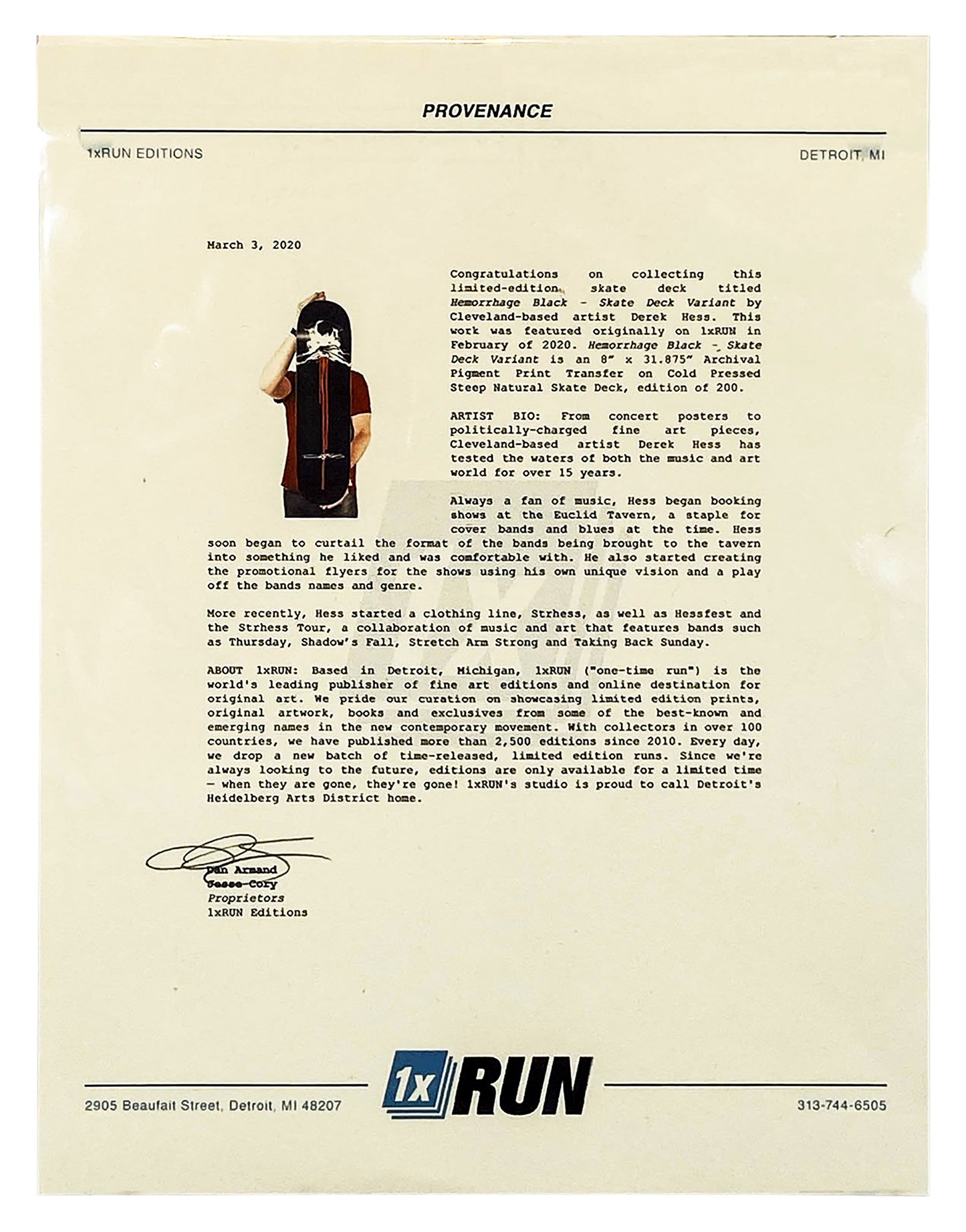 DEREK HESS 'Hemorrhage' (2020) Skateboard Deck