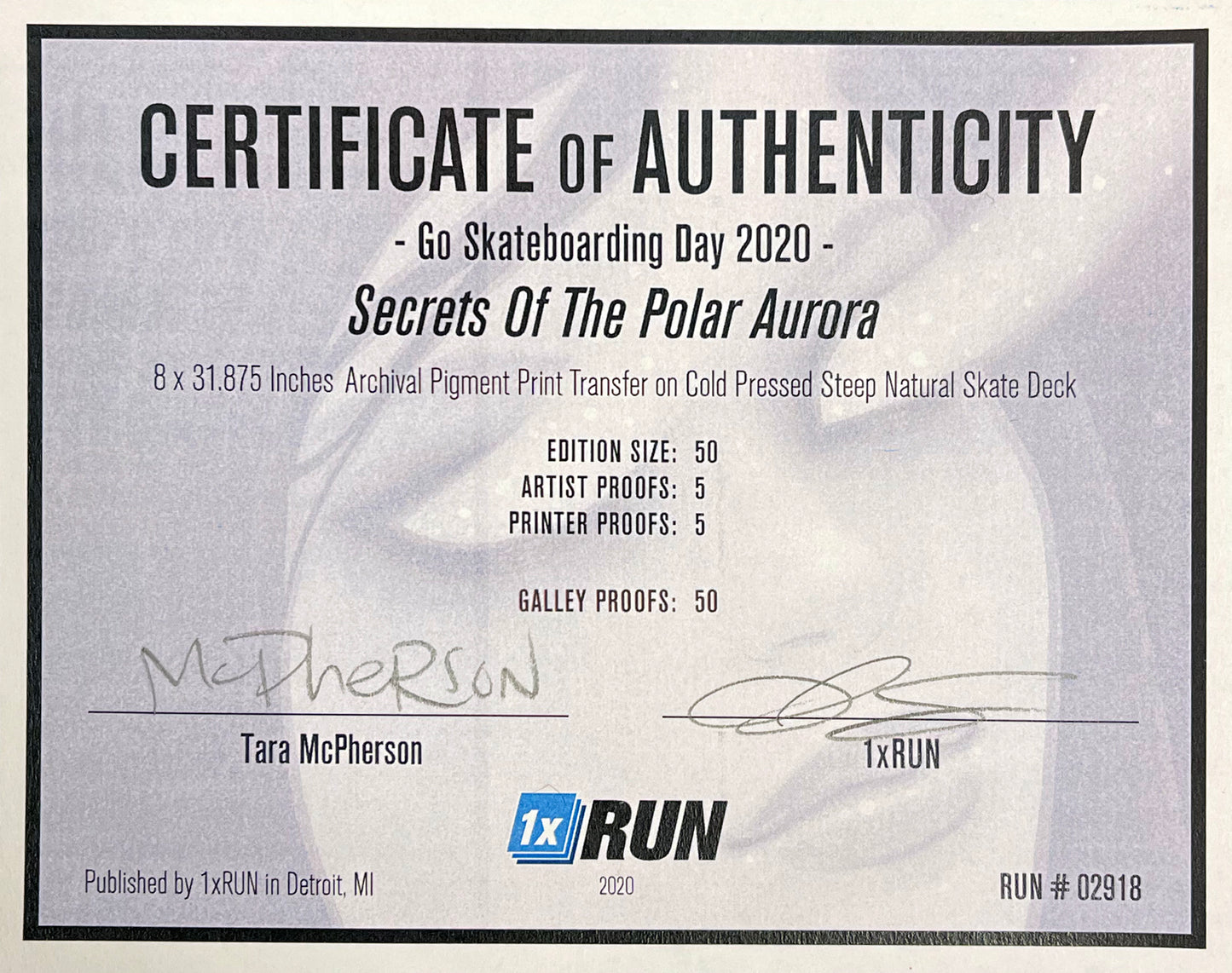 TARA McPHERSON x 1xRUN 'Secrets of the Polar Aurora' (2020) Skateboard Deck (#GP)