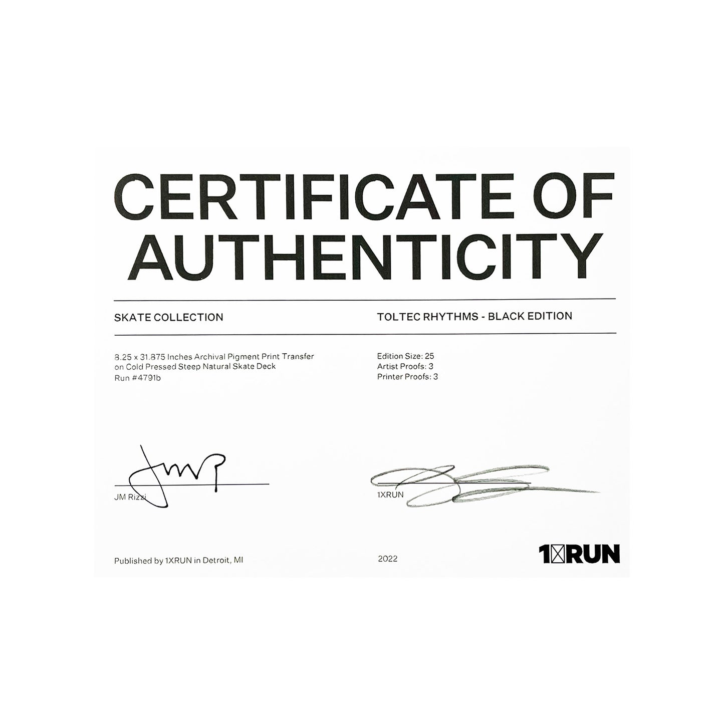 JM RIZZI x 1xRUN 'Toltec Rhythms' (2022) Skateboard Deck (black, #14)