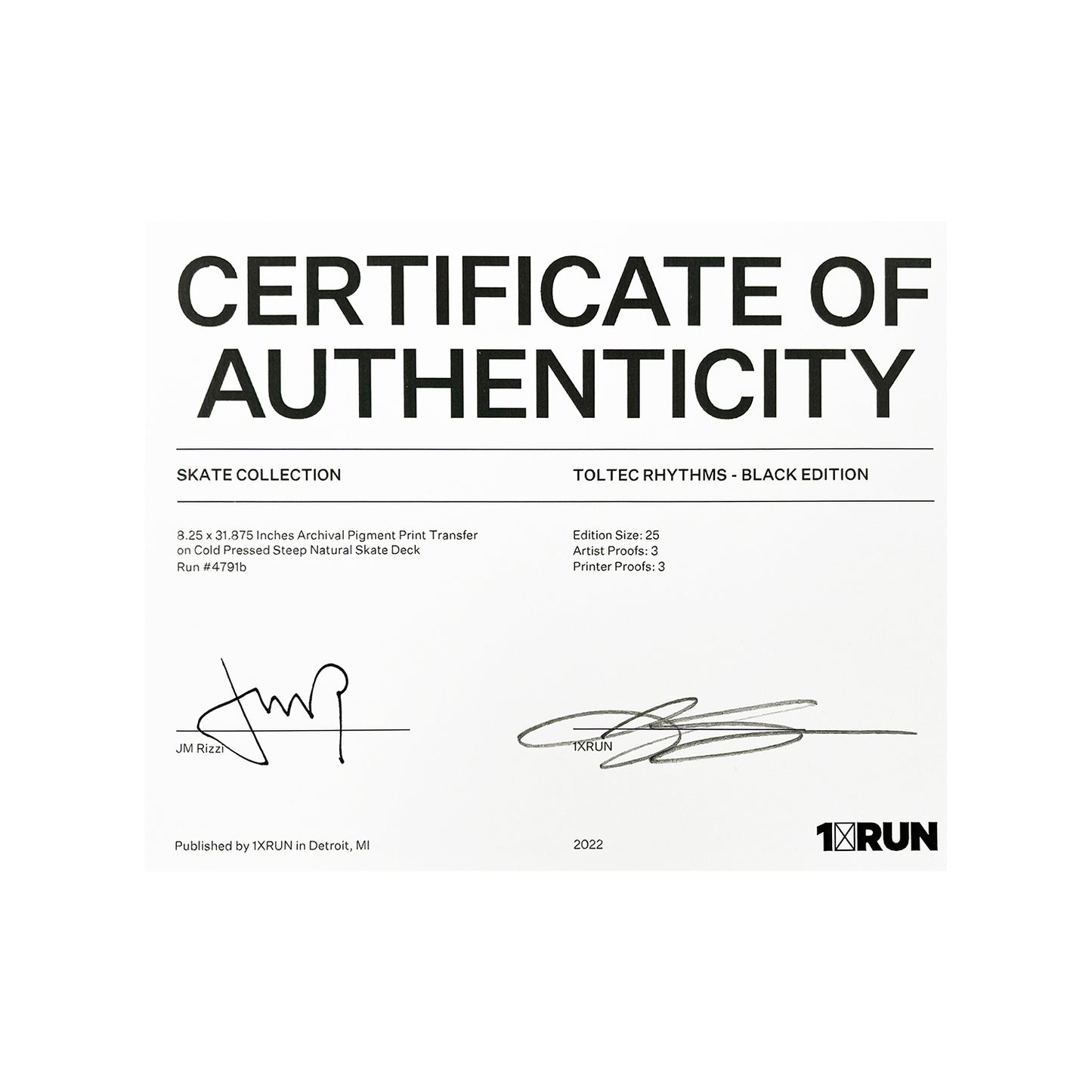 JM RIZZI x 1xRUN 'Toltec Rhythms' (2022) Skateboard Deck (black, #6)