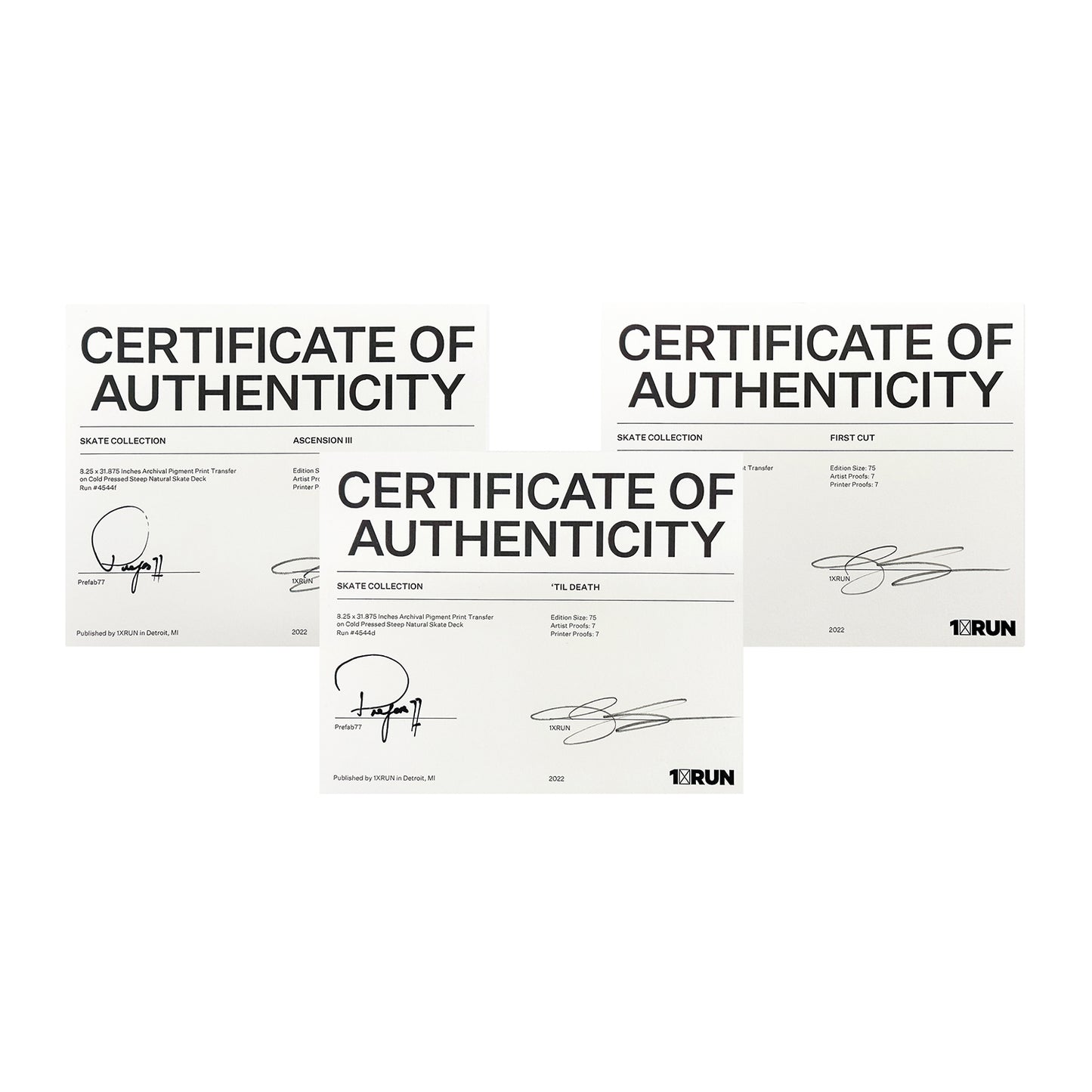 PREFAB 77 'Til Death' + 'First Cut' + 'Ascension III' (2022) Triptych Skateboard Deck Set
