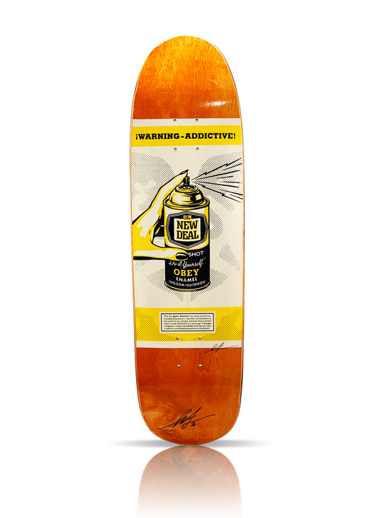 SHEPARD FAIREY x New Deal 'Warning: Addictive' (2020) Hand-Signed Skateboard Deck (orange)