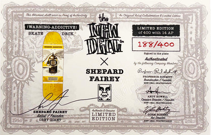 SHEPARD FAIREY x New Deal 'Warning: Addictive' (2020) Hand-Signed Skateboard Deck (orange)