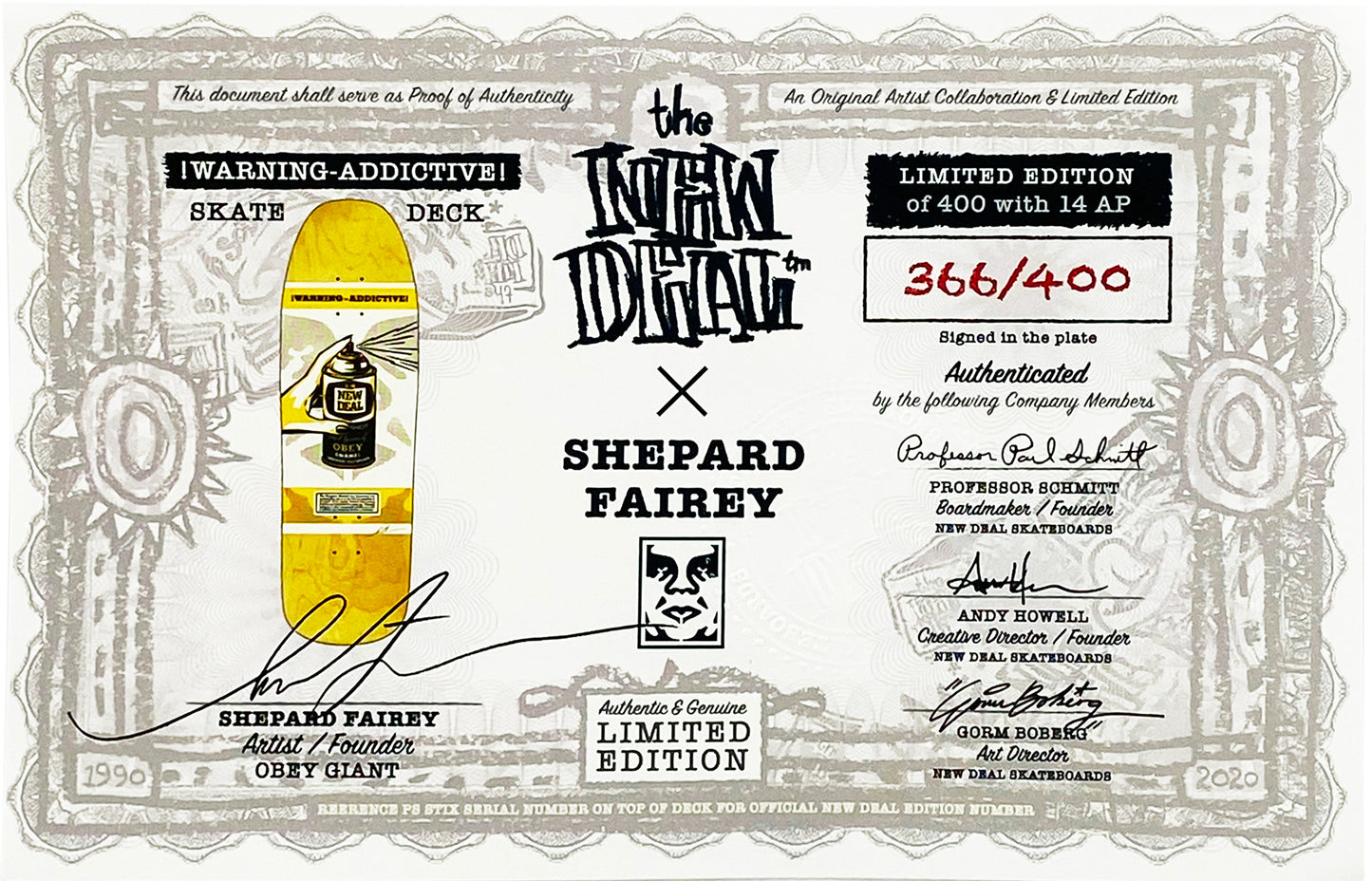 SHEPARD FAIREY x New Deal 'Warning: Addictive' (2020) Skateboard Deck (pink)