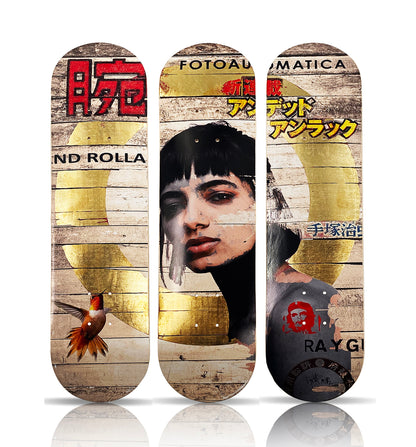 GARETH TRISTAN EVANS 'Junk Fotoautomatica' (2021) Gold Leaf Triptych Skateboard Deck Set