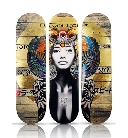 GARETH TRISTAN EVANS 'Sphinx Mekhat #2' (2021) Gold Leaf Triptych Skateboard Deck Set